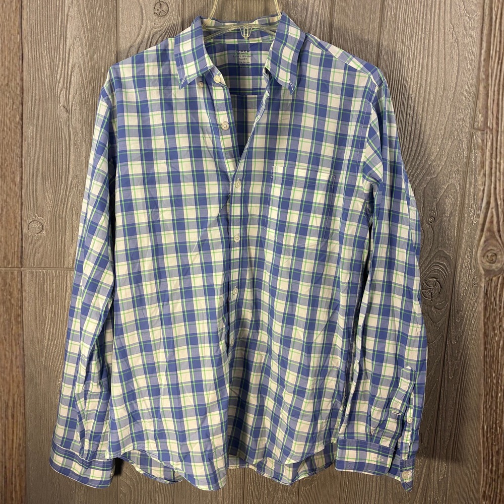 J.Crew Mens Medium Blue Green Plaid Lightweight Cotton Slim Button Down Shirt